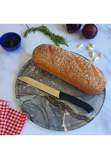 Kanallı Cam Kesme Tablası | Gri Gold Mermer | Çap32cm