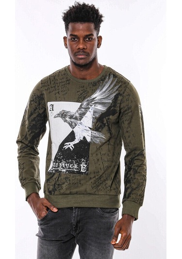 Wessi Yeşil Baskılı Taşlı Bisiklet Yaka Sweatshirt Yeşil