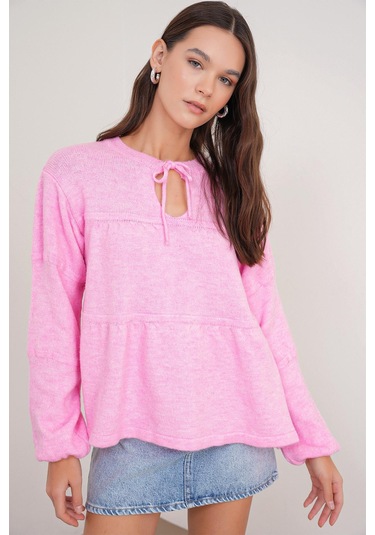 6950 Kadın Yakası Bağcıklı Pileli Triko Kazak Pembe Pembe