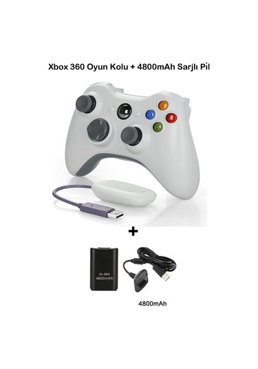 Xbox 360 Pc Uyumlu Kablosuz Analog Oyun Kolu Ve 4800mah Batarya Seti Beyaz