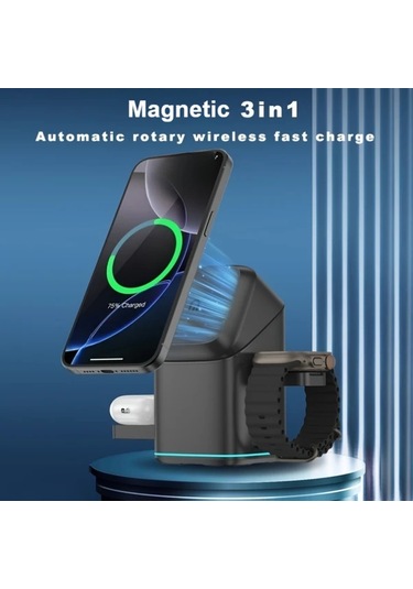 Topshop1 Siyah Manyetik Kablosuz Sarj Standi Otomatik Donebilen Hizli Sarj Istasyonu  Watch 10 9 8 7 6 5 Se Ultra İcin