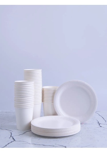 Mideko 50 Tabak + 50 Bardaklı Tek Kullanımlık Sofra Seti 300260369 Beyaz