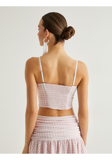 Koton İnce Askılı Crop Büstiyer Kalp Yaka Pembe Ekose 4sak10640ek Pembe