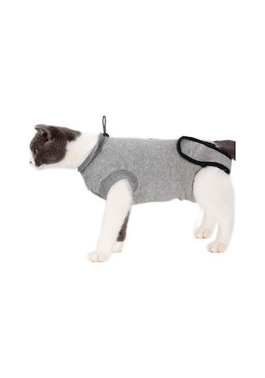 Vkemall Kedi Ameliyat Sonrası Kıyafeti - Pamuklu, Yara Korumalı, Yalama Ve Tırlama Engeli - Gri Renk S Boyutu