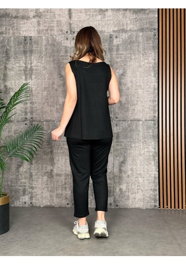 Ahes Shopping Kadın Askılı Yuvarlak Yaka Viskon Iki Iplik Bluz Ve Eşofman Altı Ikili Takım Siyah