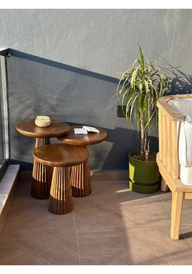 Wood Wooden 3 Lü Set Fitilli Derin Çizgili Mantar Yan Sehpa Moder
