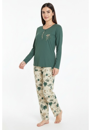 Üstü Yazılı Altı Yaprak Desenli Elite Viscose Uzun Pijama Takımı Yeşil 3565 Yeşil