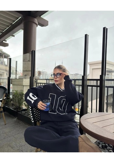 Simala V Yaka Üç İplik Sweat Takım - Siyah Siyah