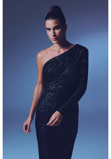 Tek Kollu Payet Elbise - Siyah-135363 Siyah