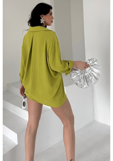 Paw Garage Kadın Perla Olive Tek Cepli Oversize Gömlek, Geniş Kalıp Gömlek, Ayrobin Gömlek Yeşil