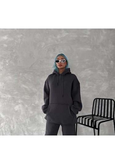 Kapüşonlu Üç İplik Penye Basic Sweatshirt - Füme Çok Renkli