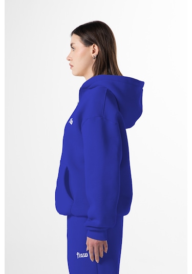 Flaw Nakışlı Zip Hoodie-28830 Saks Mavi