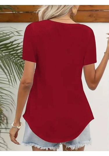 Kadın Kısa Kollu Kare Lazer Yakalı Janjan Krep Bluz Kırmızı