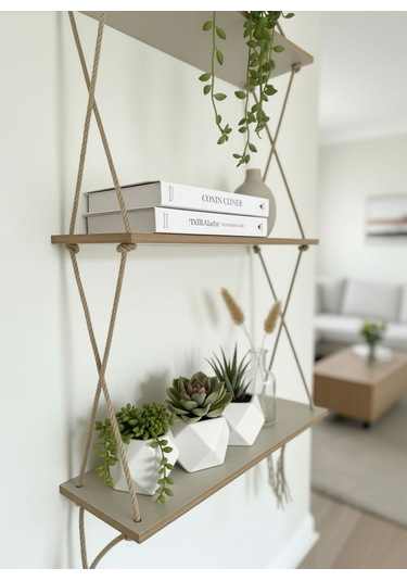 Aruat Ahşap Dekoratif Tasarım Özel İşlemi 3 Lü Halatlı Raf Kitaplık Ahşap - Beyaz