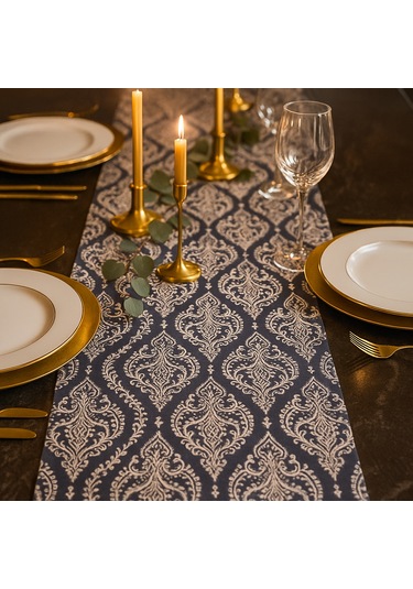 Zarif Desenli Gri Duck Kumaşmasa Runner I - Lüks Dokulu Sofra Aksesuarı 40x140 Cm Gri