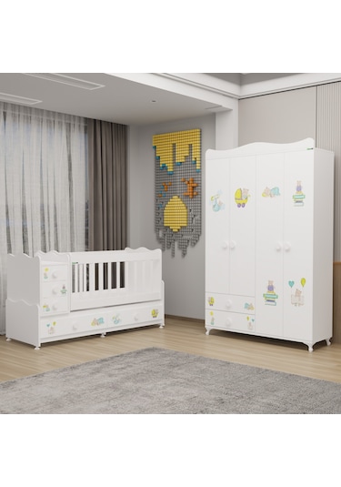 Melina Bebek Odası Yıldız 4 Kapaklı Dolap - Ayıcık Beyaz