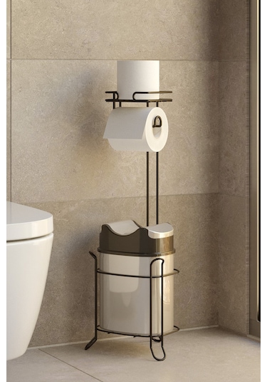 Teknotel Yutan Kapak Çöp Kovası Ve Tuvalet Kağıtlık Mat Siyah+Gri Siyah