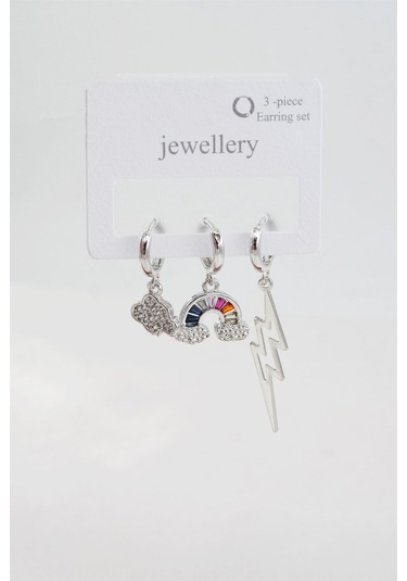 Kadın Baget Zirkon Taşlı Bulut Ve Şimşek Figürlü 3'lü Set Küpe - Gümüş