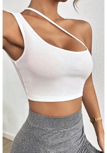 İmoda Kadın Beyaz Tek Omuzlu Çapraz Askılı Crop Top Büstiyer Beyaz