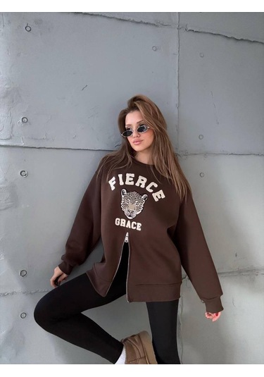 Fermuarlı Leopar Baskılı Oversize Siyah Sweat Kahve