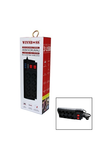 Termal Akım Korumalı 16a 8li Priz 3xusb 2mt Anahtarlı Uzatma Kablo Siyah 5365 Diğer