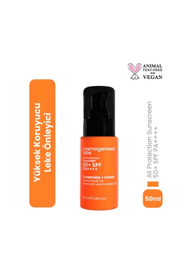 Cosmogenesis Labs Yüz Güneş Kremi 50ml - Su Bazlı SPF 50+ Ultra Koruyucu Leke Karşıtı Nemlendirici Vegan (Tüm Ciltler)