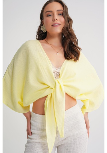 4723 Kadın Önü Bağlamalı Bolero Bluz Sarı Sari