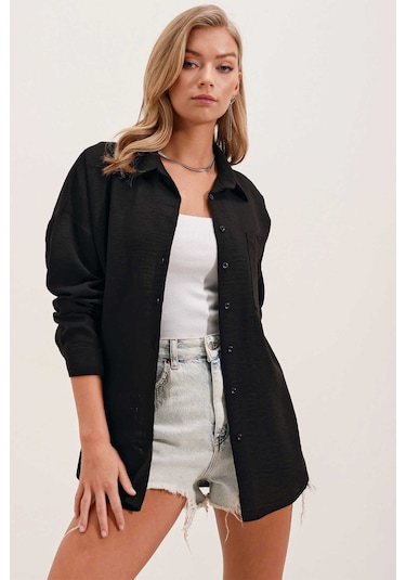 Giyim Dünyası Kadın Tek Cepli Oversize Gömlek Siyah 001
