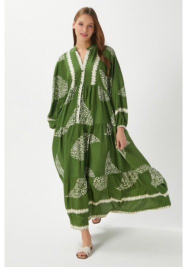 Modest Helena Yeşil Krem Kadın %100 Viskon Maksi Boy Katlı Balon Kol Uzun Yazlık Elbise Çok Renkli