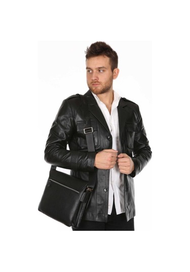 Hakiki Kuzu Derisi Düğmeli Gömlek Yaka Cepli Erkek Ceket Siyah Karışık / Çok Renkli