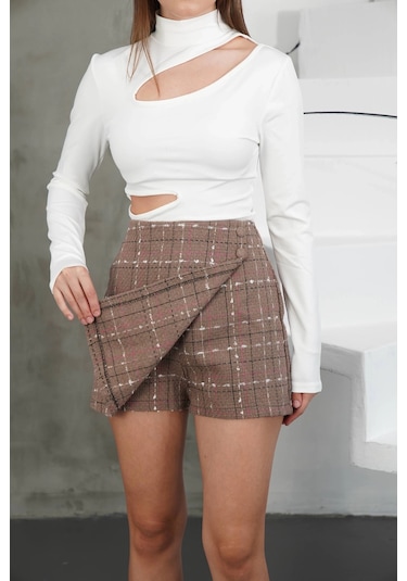 Defymoda İki Düğmeli Şort Etek Vizon H26414 Vizon