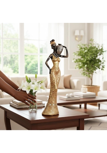 Lüks İşlemeli Geleneksel Yerel Kıyafetli Afrikalı Kadın Heykeli Dekoratif Biblo Ev Ofis Hediyesi Md2