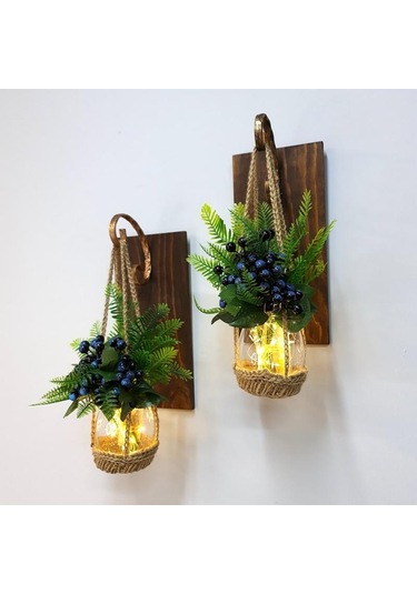 Duvar Dekoru, Led Işıklı, Mavi Kokina Çiçekli, Ceviz Aplik İkili Set