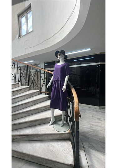 İtalyan Müslin Keteni Üstü File Bluzlu Astarlı Tek Parça Elbise-9256 Mor