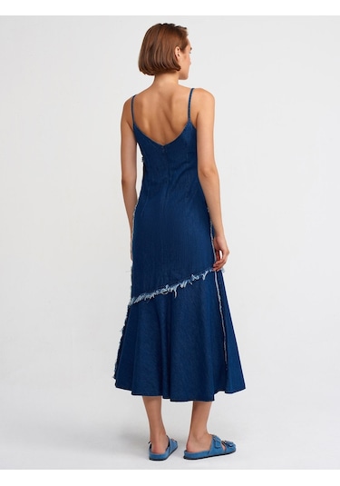 Dilvin 90526 Askılı Koyu Renk Denim Elbise-Lacivert