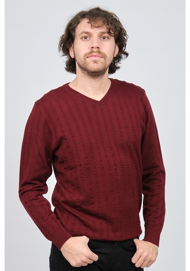 Desen Triko Erkek V Yaka Yün Kazak 0249626 Bordo Bordo