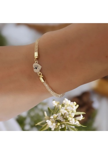 Archin A Harfine Özel Hasır Kordonlu Kalp Motifli 14 Ayar Altın Plakalı Hediye Bileklik-474harf A