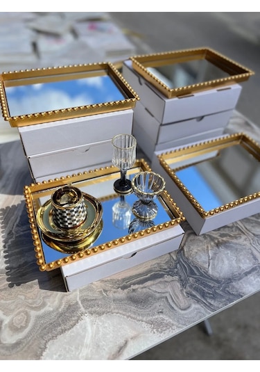 1 Adet Dikdörtgen Cam Aynalı Plastik Gold Tepsi Sunum Tepsisi 19