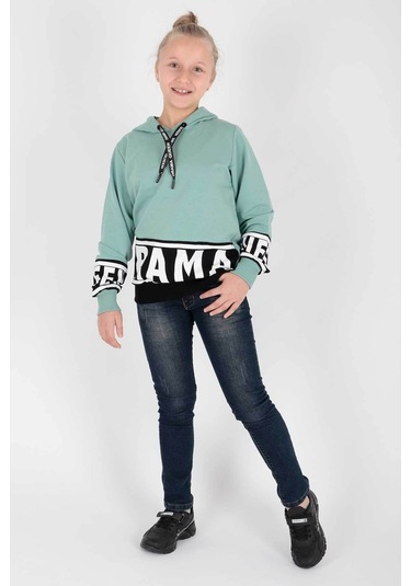 Ahengim Kız Çocuk Drama Baskılı Kapüşonlu Sweatshirt Ak13433 Su Yeşili