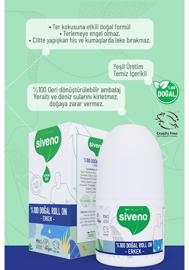 Siveno %100 Doğal Roll On Erkek Deodorant Ter Kokusu Önleyici Bitkisel Leke Bırakmayan Vegan 50 ML