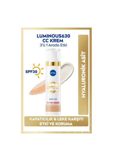 Luminous630 Koyu Leke Karşıtı Cc Yüz Kremi 40ml, Spf30 Güneş Koruyucu, Hyaluronik Asit, Orta Ton Krem