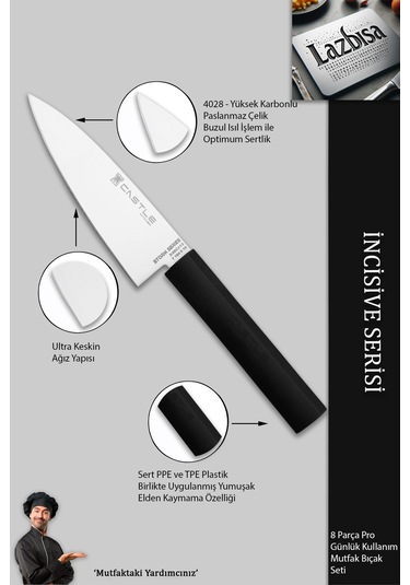 İncisive Serisi Mutfak Bıçak Seti Et Sebze Şef Bıçağı 8li Mft-102