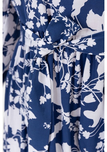 Yaprak Desenli Renkli Pamuklu Yazlık Baharlık Kuşaklı Elbise 2101 Lacivert