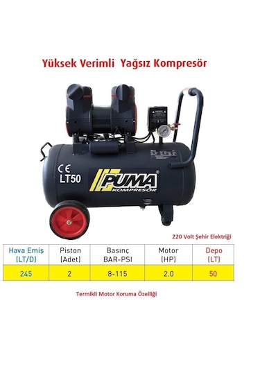 Puma PSLYH50-2M 50 L Yüksek Verimli Yağsız Kompresör