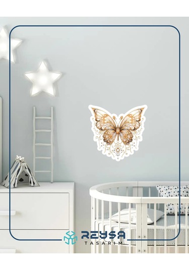 Altın Dantel Desenli Kelebek Duvar Stickerı Renkli