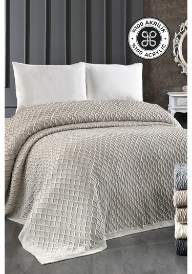 Akrilik Örgü Battaniye Çift Kişilik 220 X 240 Cm Yatak Örtüsü Pike Poly Bej