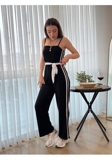 Munn Collection Kadın Ip Askılı Straplez Belden Kuşaklı Viskon Iki Iplik Tulum Siyah