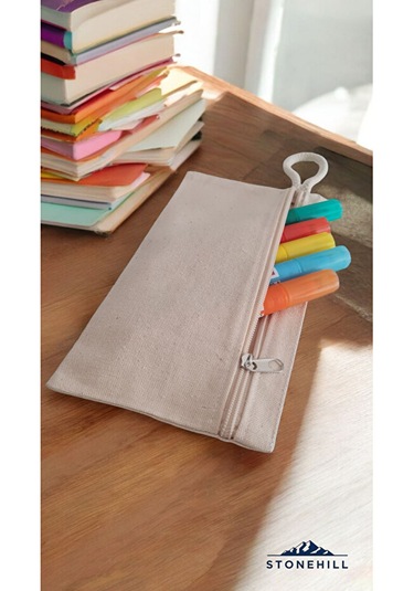 Kalem Çantası, %100 Pamuk Kanvas Bez, Minimalist Tasarım, 23x12 Cm Krem