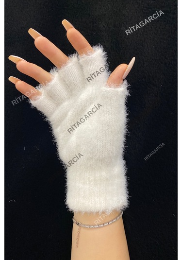 Peluş Kesik Parmak Eldiven Beyaz1