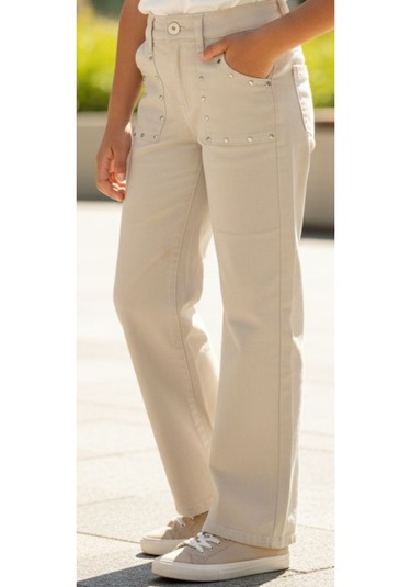 Kız Çocuk Cep Üzeri Zımba Detaylı Geniş Paça Modelli Beli Lastik Ayarlamalı Bej Renk Pantolon Bej